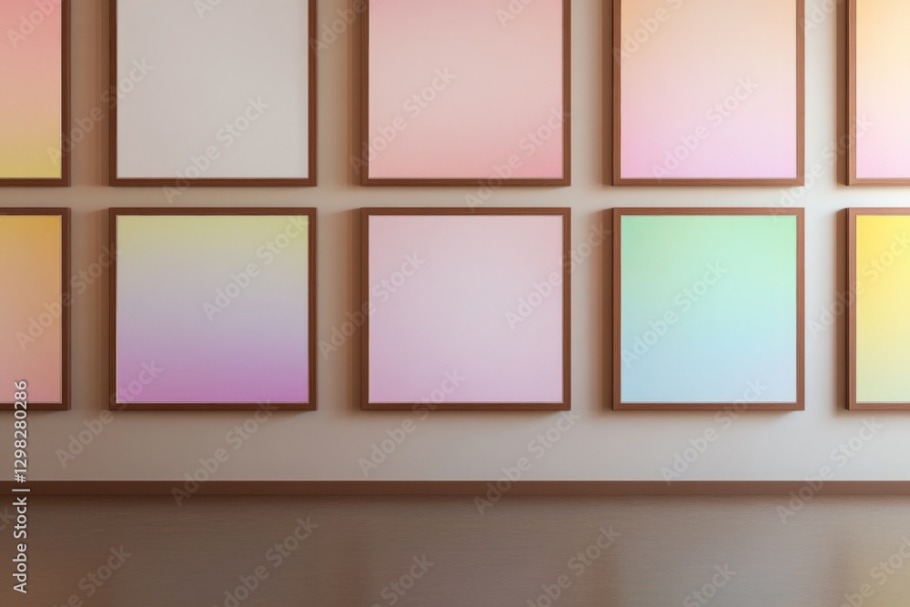Minimalist gallery with soft gradient artworks, creating serene Minimalist gallery with soft gradient artworks, creating serene