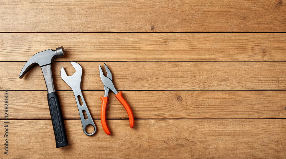 Set of tools on wooden background, top view, copy space, labor day Set of tools on wooden background, top view, copy space, labor day