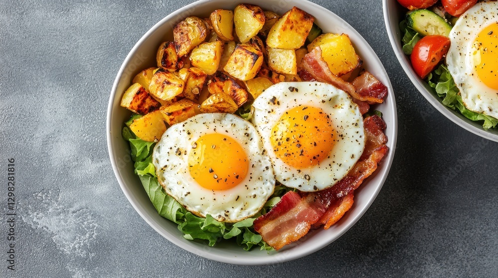Delicious Breakfast Bowl with Fried Eggs, Crispy Bacon, Roasted Potatoes, and Fresh Greens for Healthy Eating Delicious Breakfast Bowl with Fried Eggs, Crispy Bacon, Roasted Potatoes, and Fresh Greens for Healthy Eating