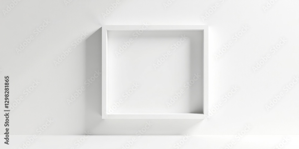 A simple white square recessed shelf on a pristine white wall, perfect for minimalist design presentations A simple white square recessed shelf on a pristine white wall, perfect for minimalist design presentations