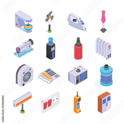Vibrant isometric illustration showcases a collection of modern household appliances and gadgets.