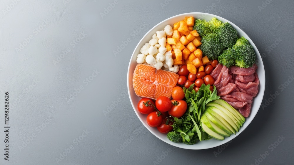 Fresh and Colorful Healthy Food Arrangement on a Gray Background with Various Vegetables and Proteins Fresh and Colorful Healthy Food Arrangement on a Gray Background with Various Vegetables and Proteins