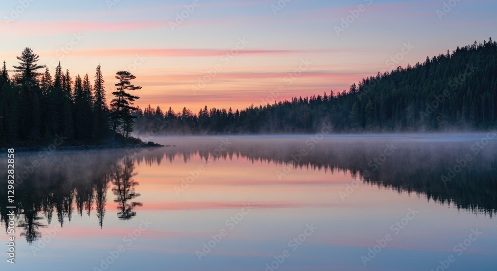 Fototapeta premium Serene lake with mist at sunrise and forested hills reflecting in water