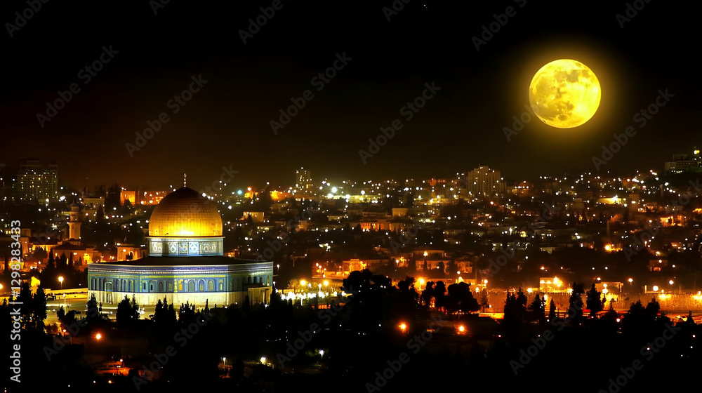 Fototapeta premium Night Cityscape Dome Golden Moon Illustration