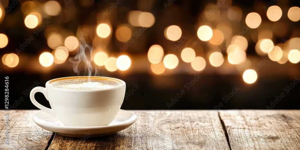 A steaming cup of coffee on a wooden table, surrounded by warm, soft-focus lights. A steaming cup of coffee on a wooden table, surrounded by warm, soft-focus lights.