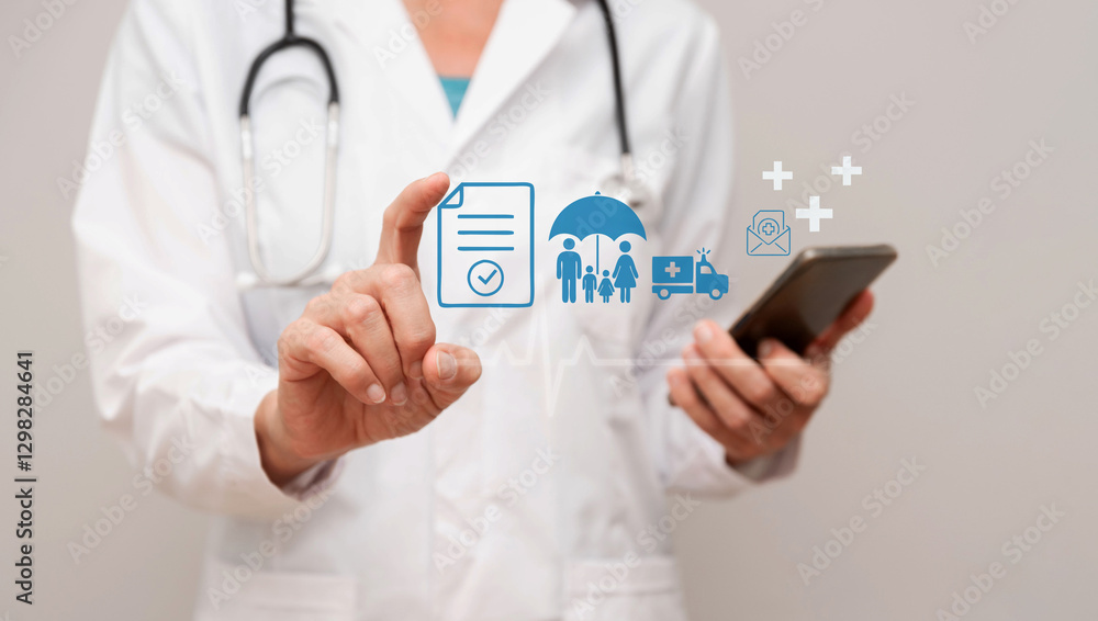 Close up of Doctor using virtual reality technology to manage medical insurance Close up of Doctor using virtual reality technology to manage medical insurance