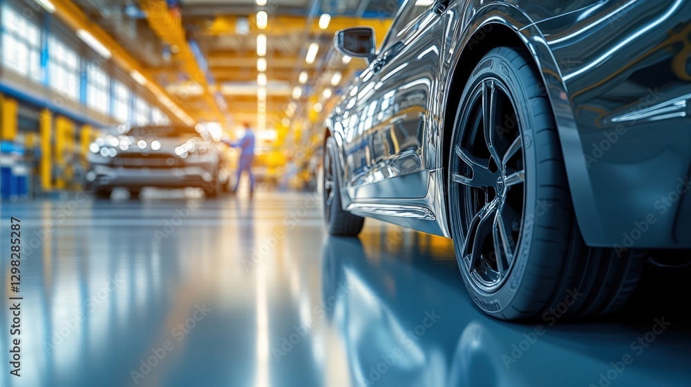 Fototapeta premium A Sleek, Modern Black Car in a Vibrant Automotive Factory Setting with Workers in the Background, Highlighting Advanced Manufacturing and Engineering Techniques