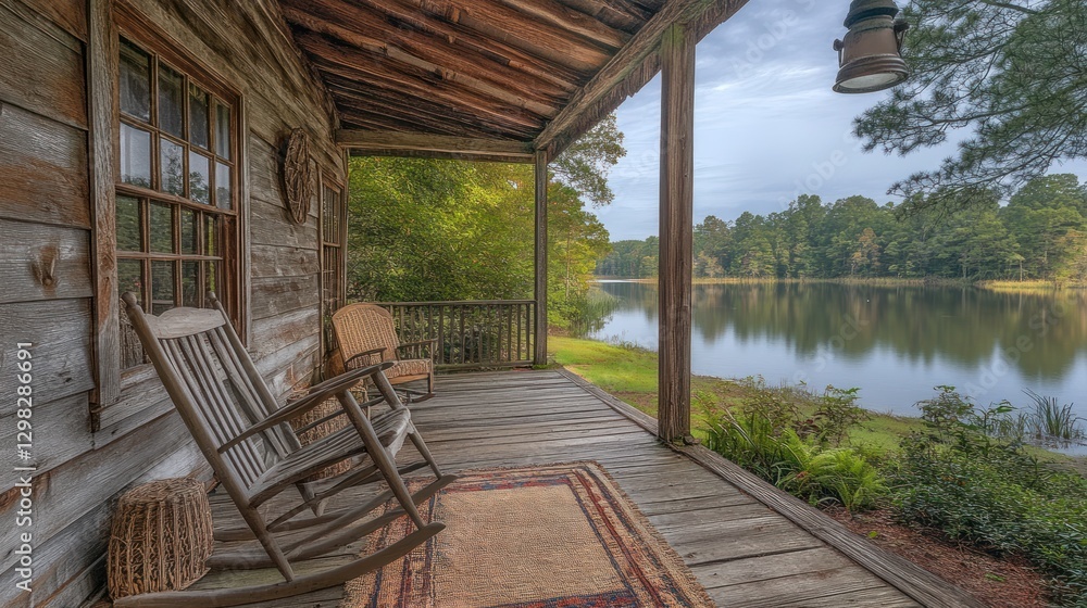 Rustic porch overlooking lake at dawn Rustic porch overlooking lake at dawn