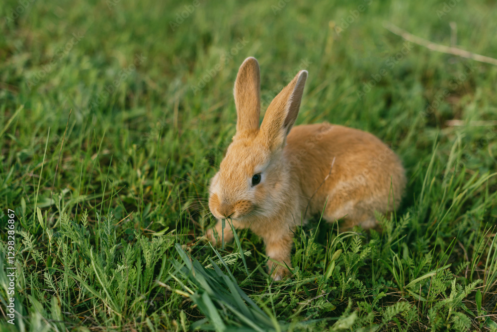 Red rabbit is chewing the green grass. food for rabbits. Happy Easter. Red rabbit is chewing the green grass. food for rabbits. Happy Easter.