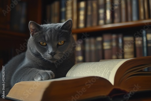 Wallpaper Mural Chartreux Cat in Library: Inspiring Carthusian Monk with Books and Feline Friends Torontodigital.ca