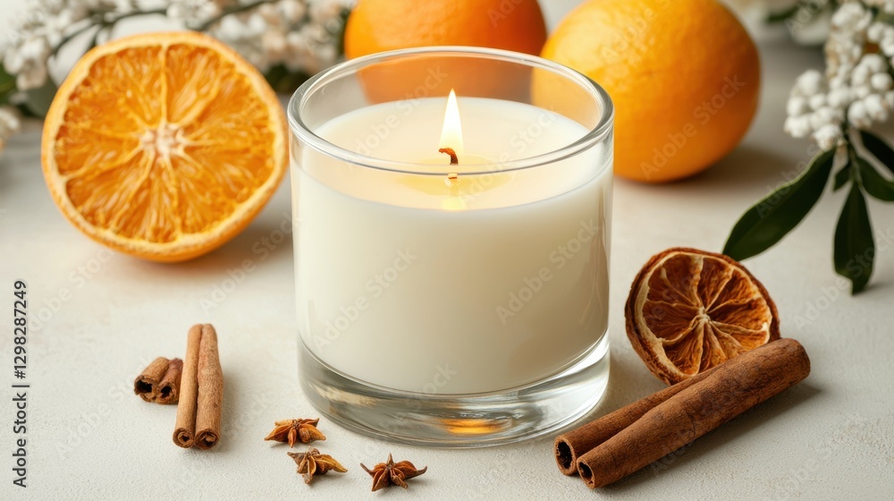 Decorated Candle with Orange Slices and Cinnamon Sticks on a Neutral Background for Relaxation and Aromatherapy Decorated Candle with Orange Slices and Cinnamon Sticks on a Neutral Background for Relaxation and Aromatherapy