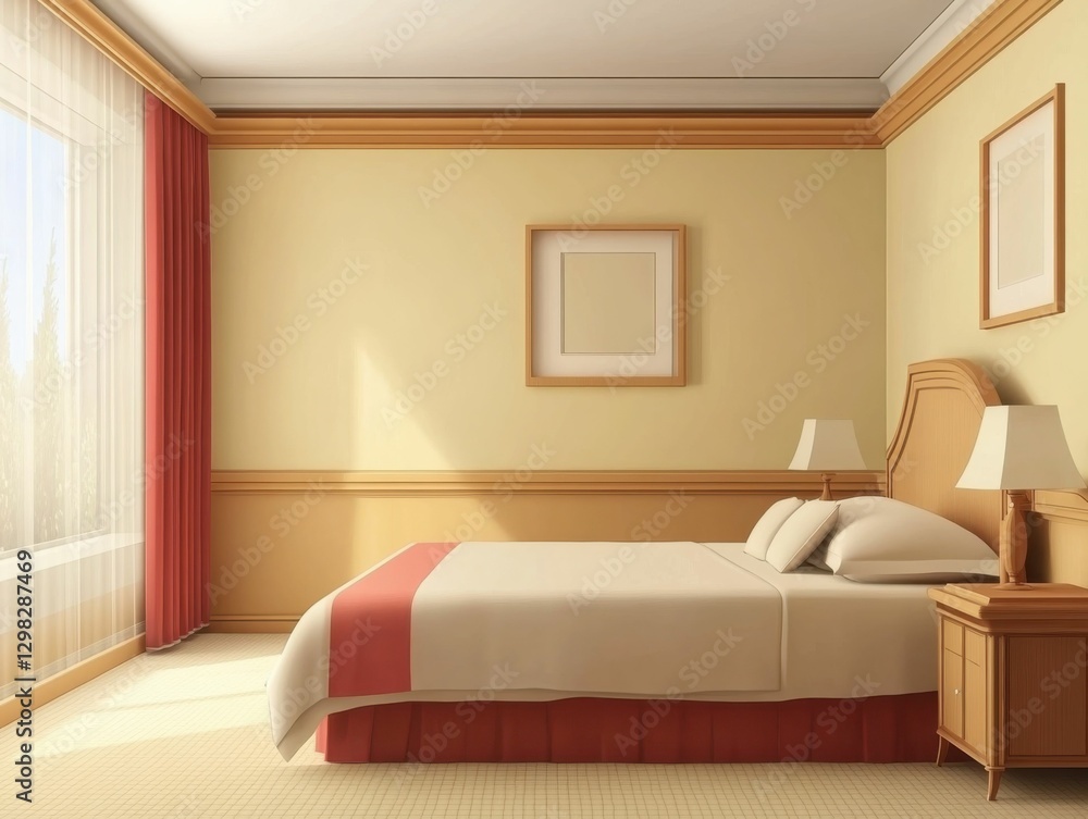 Fototapeta premium Cheap Hotel Room with Bed for Relaxing Accommodation