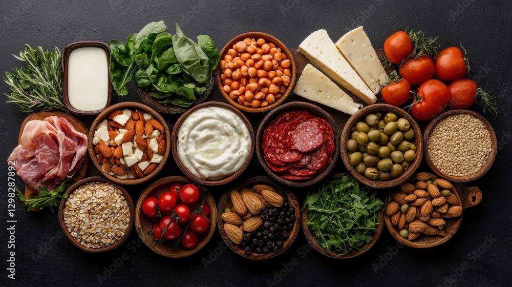 Fresh Ingredients Spreading Across a Dark Surface for a Culinary Masterpiece Featuring Healthy Choices Fresh Ingredients Spreading Across a Dark Surface for a Culinary Masterpiece Featuring Healthy Choices
