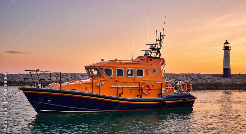 Fototapeta premium Orange lifeboat at sunset with lighthouse in background