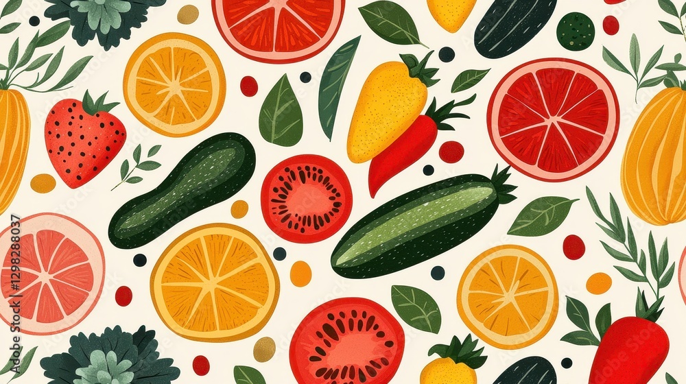 Colorful Fruit and Vegetable Pattern with Fresh Ingredients on a Light Background for Culinary and Design Projects Colorful Fruit and Vegetable Pattern with Fresh Ingredients on a Light Background for Culinary and Design Projects