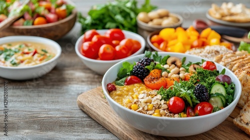 Colorful and Healthy Salad Bowl with Fresh Vegetables, Fruits, and Nuts on a Wooden Table Setting