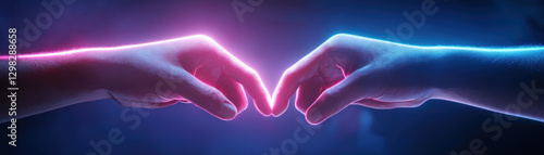 Two hands reach toward each other, glowing with pink and blue light, symbolizing connection and unity against a dark background.