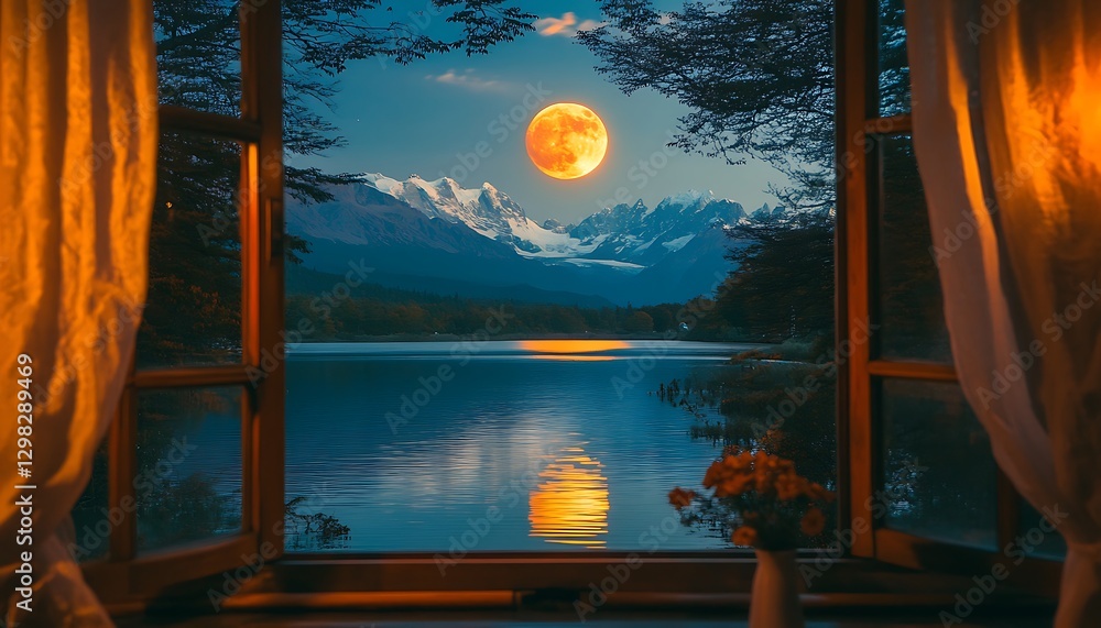 Naklejka premium Moonlit lake view from window