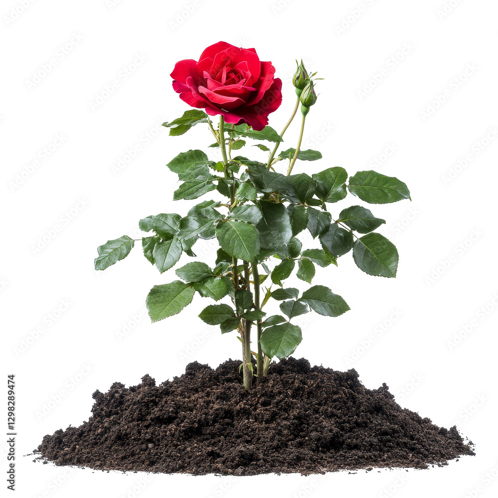 A vibrant red rose bush thriving in fertile soil against a pure transparent backdrop, a red rose bush grows in the ground, file of isolated object on transparent background A vibrant red rose bush thriving in fertile soil against a pure transparent backdrop, a red rose bush grows in the ground, file of isolated object on transparent background