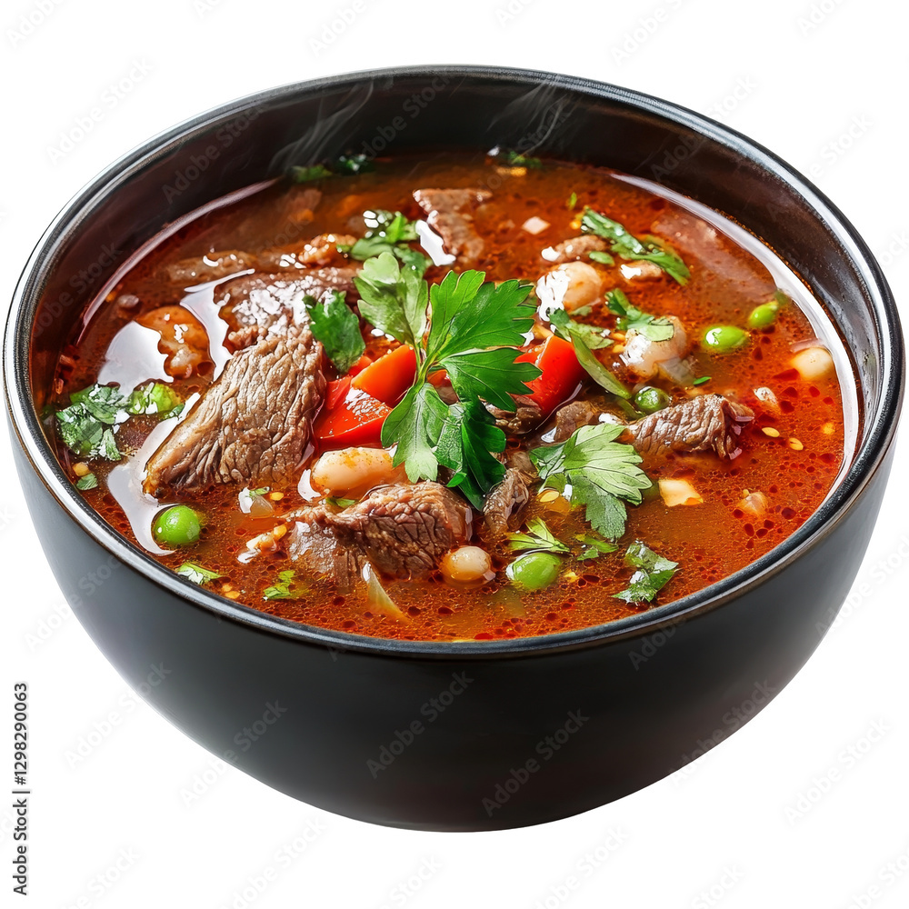 Delicious spicy beef soup served in a black bowl, garnished with herbs and vegetables against a transparent background, spicy beef soup isolated on transparent background Delicious spicy beef soup served in a black bowl, garnished with herbs and vegetables against a transparent background, spicy beef soup isolated on transparent background