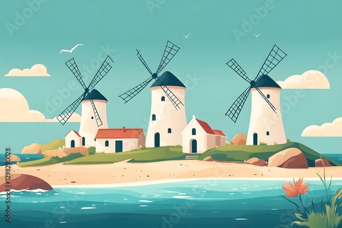 The peaceful scenery of the seaside windmill village