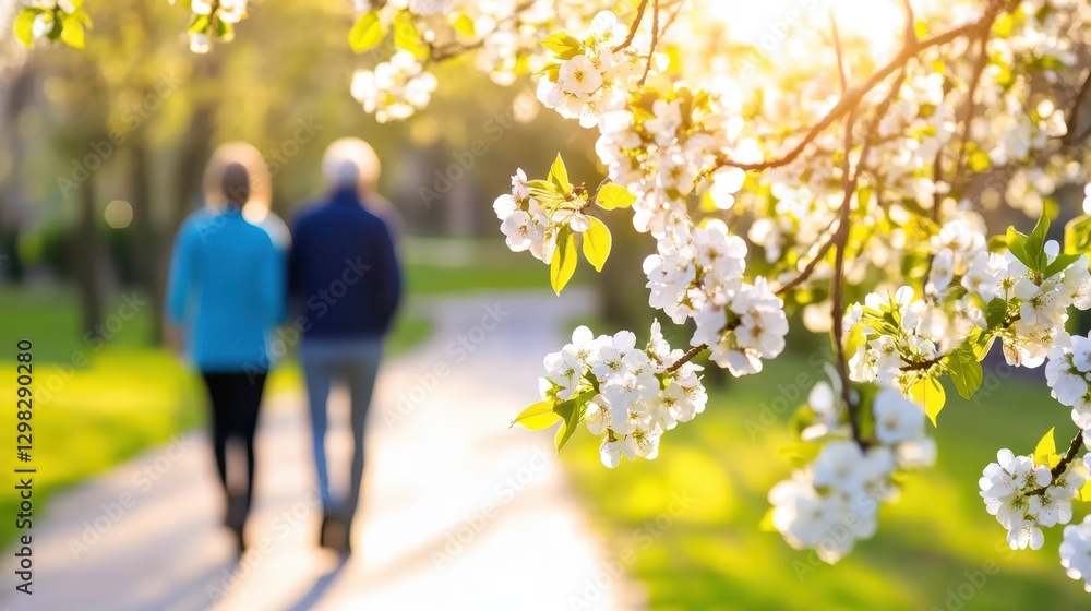 Obraz premium Couple Walking Through Spring Orchard Blossoms