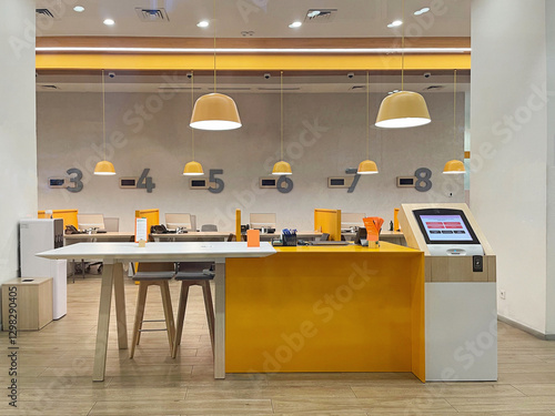 Empty bank reception office interior background