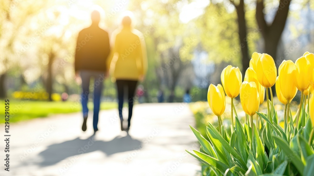 Obraz premium Couple Strolling Through A Path With Yellow Tulips