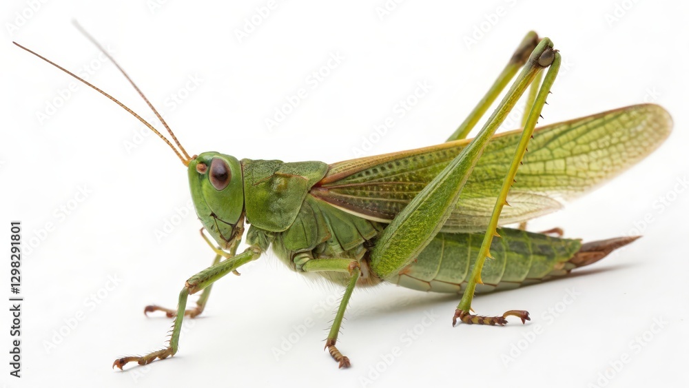 Green Grasshopper on White Background