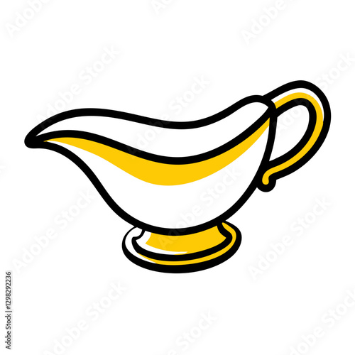 Vector icon of a classic gravy boat designed with a white and yellow color scheme for culinary use and table decoration