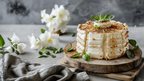 Wallpaper Mural Creamy White Cake with Nuts and Mint on Rustic Wooden Board Torontodigital.ca