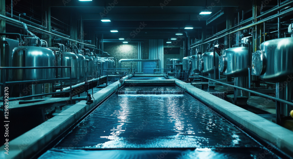 Fototapeta premium An industrial water treatment facility features a calm pool, metallic tanks, and bright lights, highlighting technology and efficiency