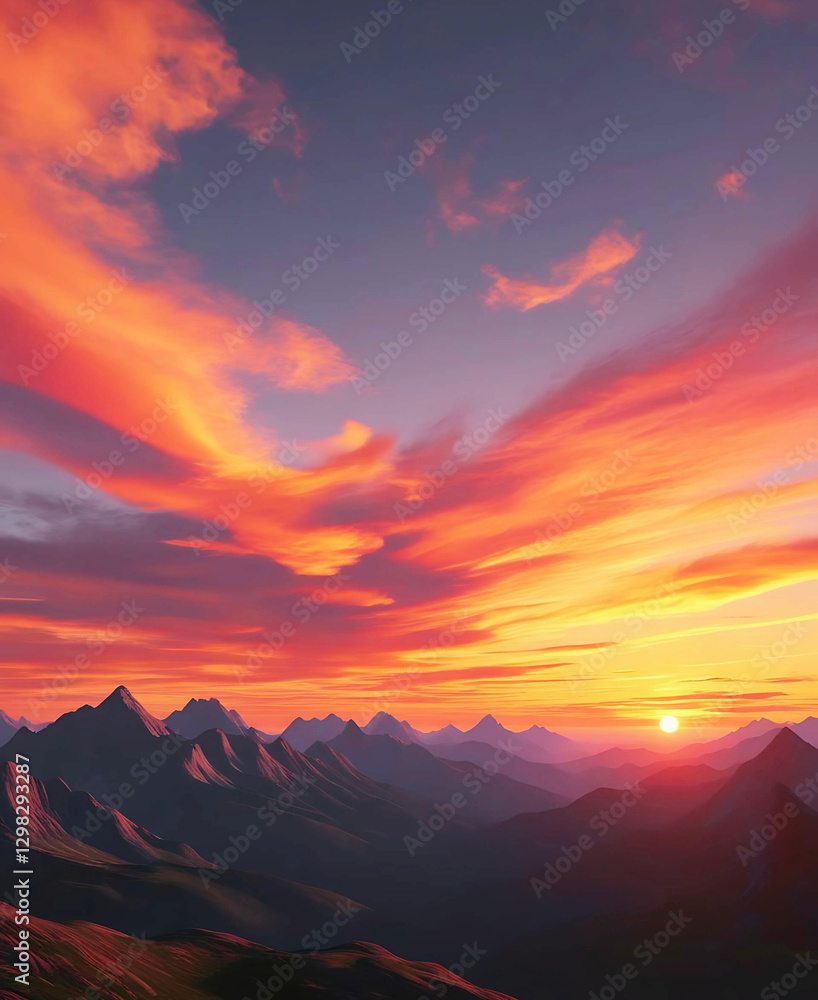 Fototapeta premium Evening sunlight paints the mountain cloudscape with red and orange hues