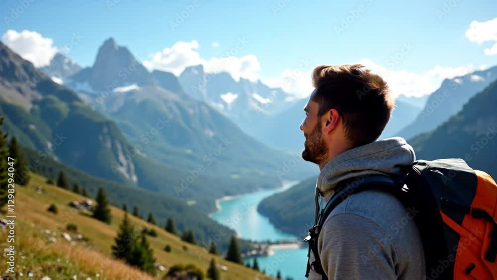 Smiling young man with backpack enjoying mountain landscape and lake view Smiling young man with backpack enjoying mountain landscape and lake view