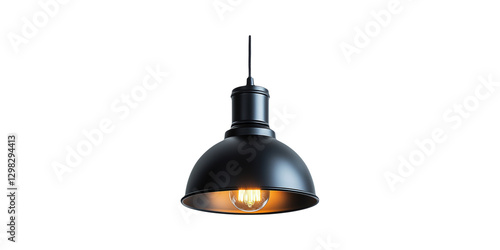 Black pendant lamp with exposed bulb isolated on transparent background