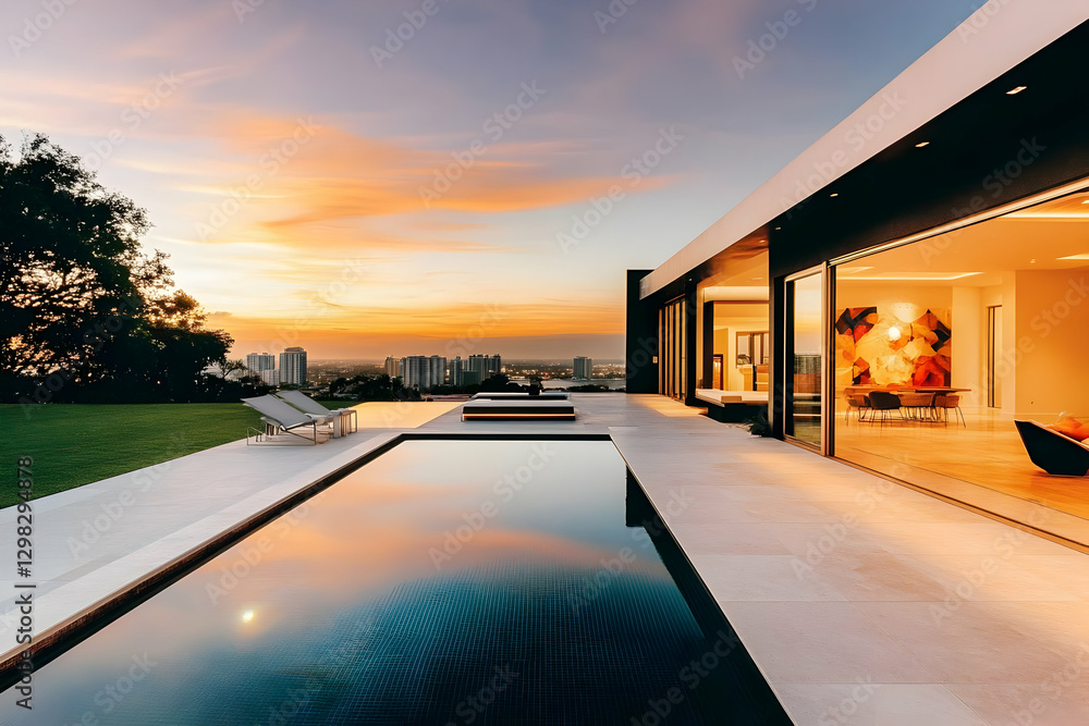 Fototapeta premium Sunset Reflection Poolside Modern Home Illustration