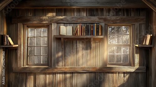 books lined up on a rustic wooden shelf with sunlight filtering through