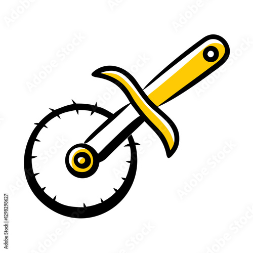 Iconic vector illustration of a pizza cutter with a vibrant yellow handle and a sharp, circular blade designed for effortless slicing of pizza