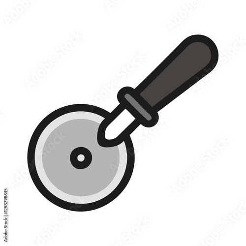 Vector icon of a pizza cutter showing a circular blade with a handle, commonly used in kitchens for slicing pizzas easily and efficiently without causing mess