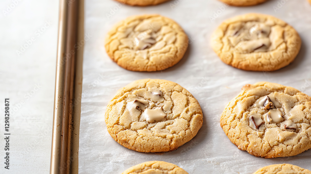 Freshly baked cookies on parchment paper, golden and delicious Freshly baked cookies on parchment paper, golden and delicious