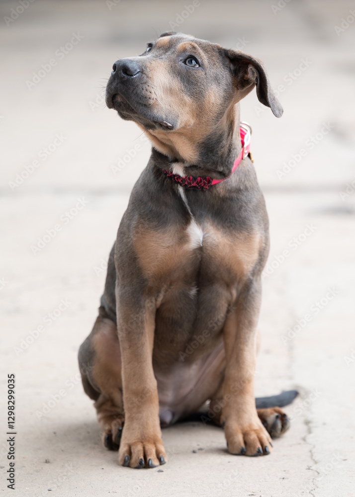 Obraz premium A young dog with a loyal gaze and unique coat pattern sits attentively on a concrete surface. Its curious expression and relaxed posture make the image especially expressive.