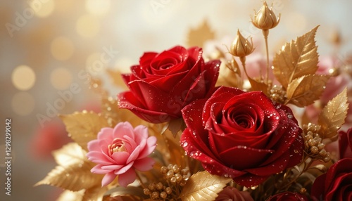 Elegant Rose Flowers with Golden Leaves.