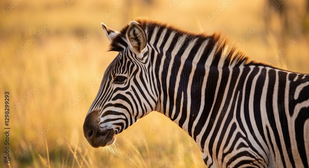 Fototapeta premium Zebra standing in golden savannah at sunrise