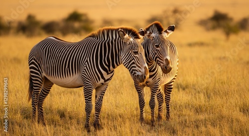 Two zebras standing together in grassy savanna at sunset