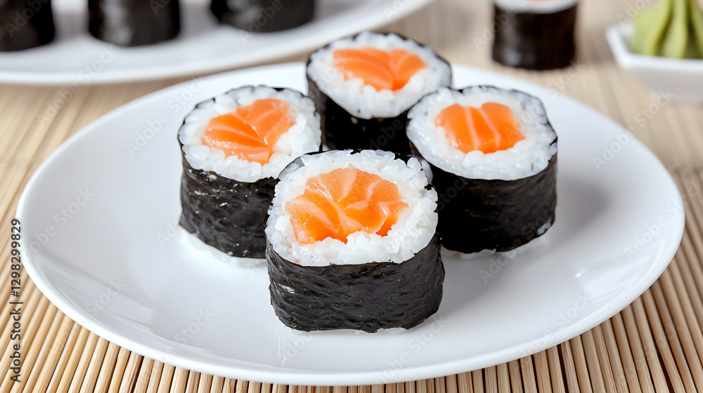 Fresh sushi rolls on white plate, showcasing vibrant salmon and rice Fresh sushi rolls on white plate, showcasing vibrant salmon and rice
