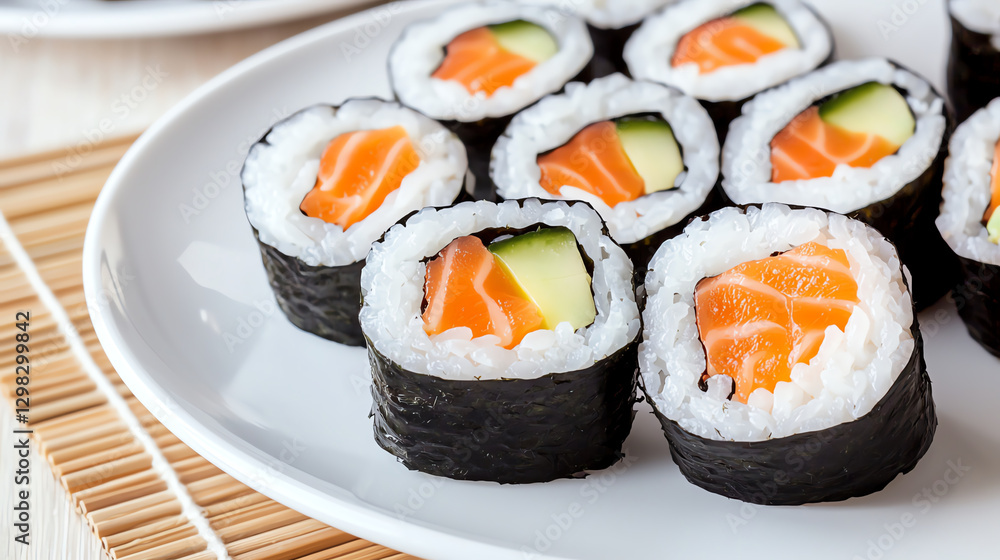 Fresh sushi rolls with salmon and cucumber on white plate Fresh sushi rolls with salmon and cucumber on white plate