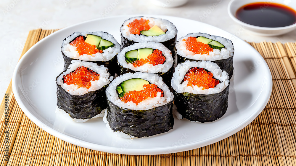 Fresh sushi rolls on white plate, beautifully arranged with vibrant colors Fresh sushi rolls on white plate, beautifully arranged with vibrant colors
