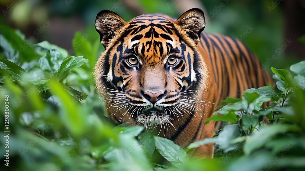 Fototapeta premium Fierce yet graceful Sumatran Tiger stalking through the dense jungle its orange and black striped fur blending into the lush green surroundings