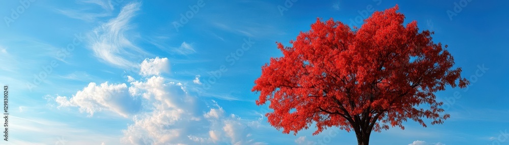 A vibrant red tree stands majestically in a lush green field, its vivid foliage contrasting beautifully with the soft grass below, creating a picturesque autumn scene. A vibrant red tree stands majestically in a lush green field, its vivid foliage contrasting beautifully with the soft grass below, creating a picturesque autumn scene.