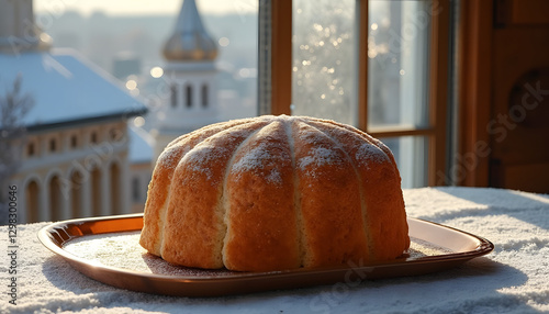 Traditional Easter kulich on a carved wooden stand, consecrated in a village church, morning light through an old window, velvet tablecloth with embroidery, atmosphere of reverence
